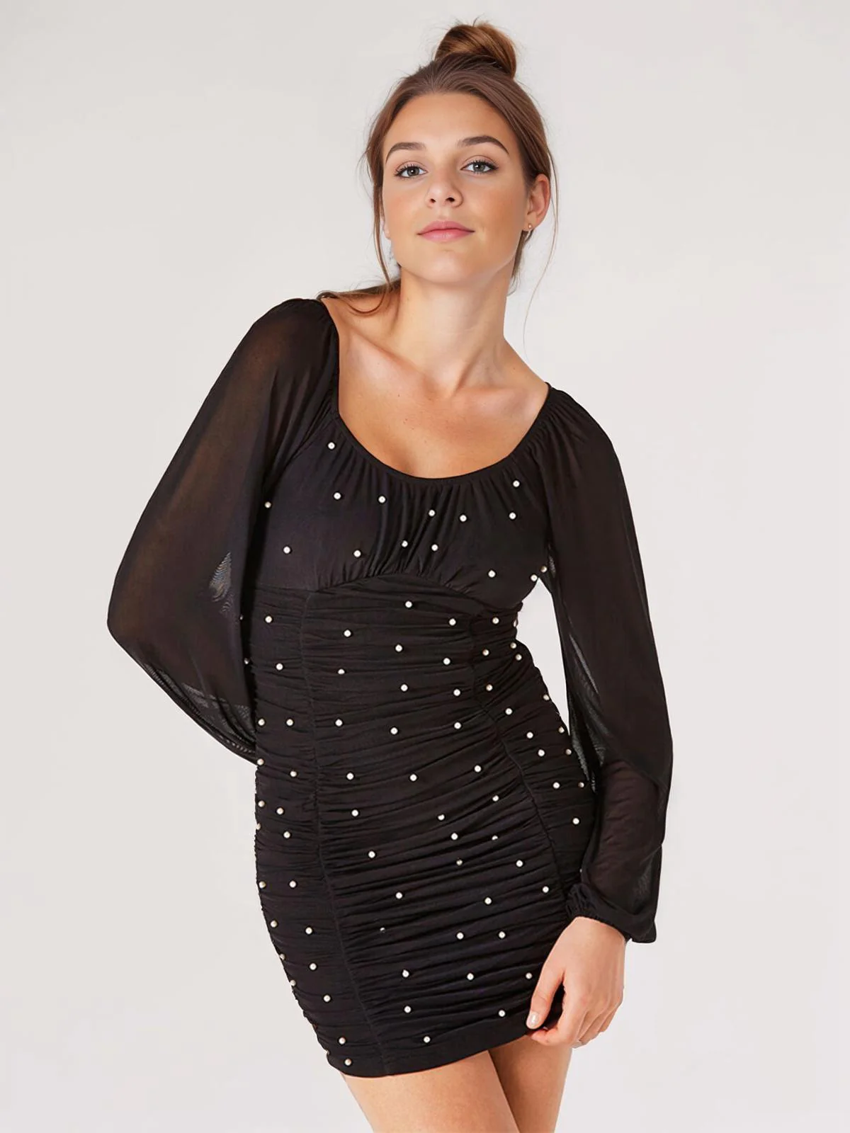 Black 1970s Mesh Off Shoulder Pearl Wrinkle Dress - Image 2