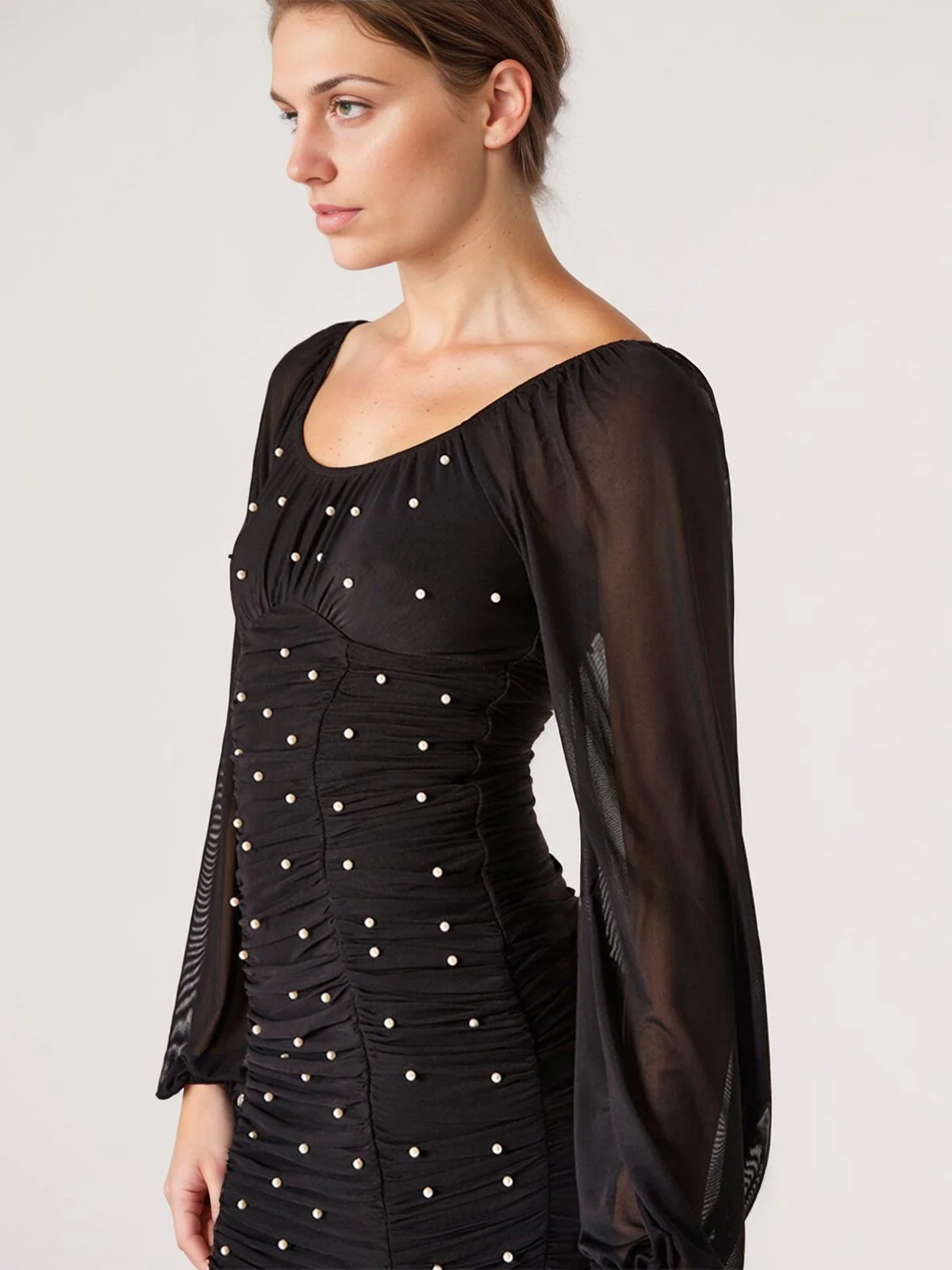 Black 1970s Mesh Off Shoulder Pearl Wrinkle Dress - Image 4