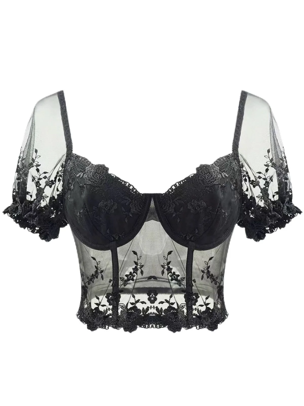 Black 1970s Puff Sleeve Lace Corset Top