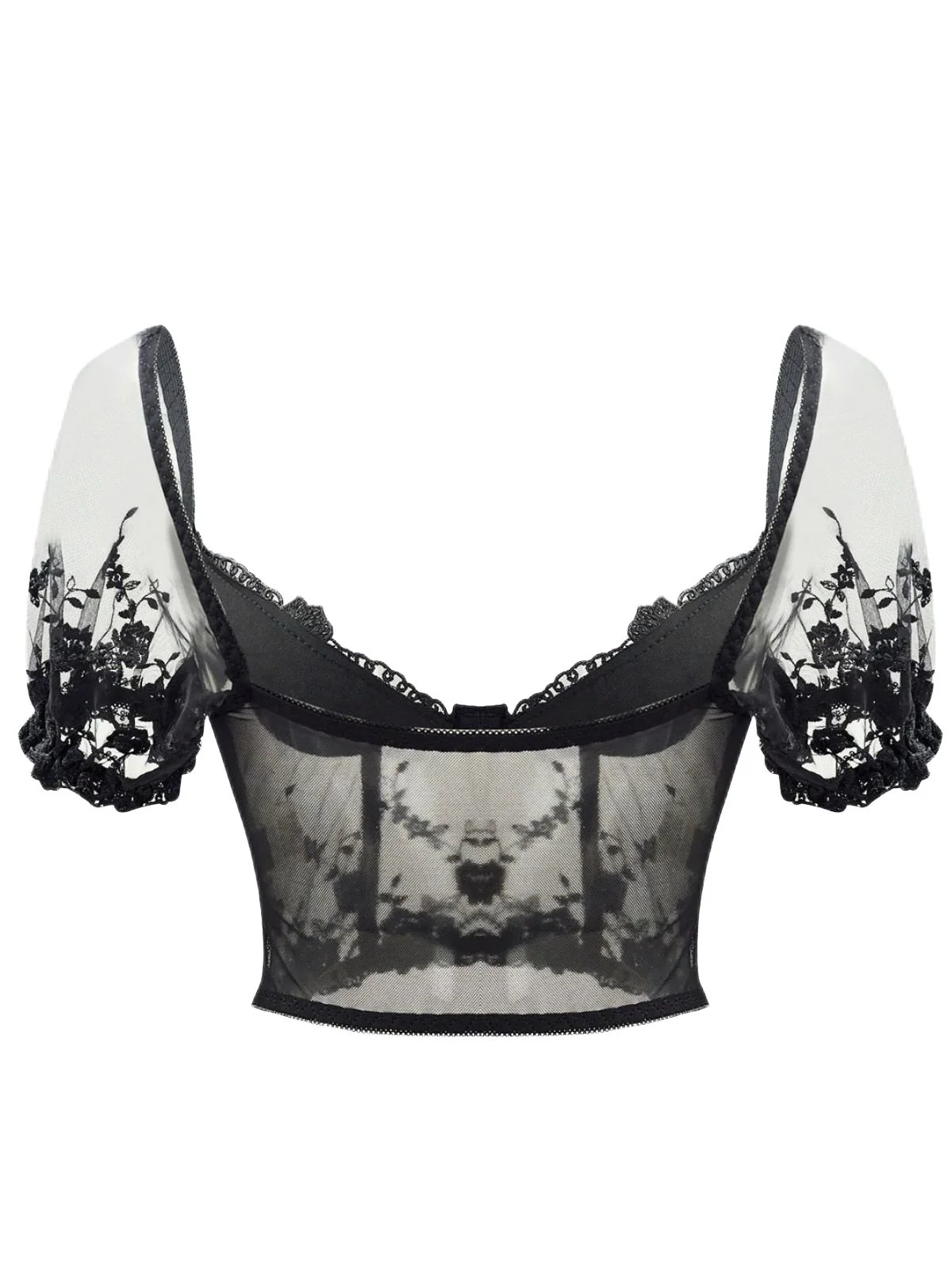 Black 1970s Puff Sleeve Lace Corset Top - Image 2