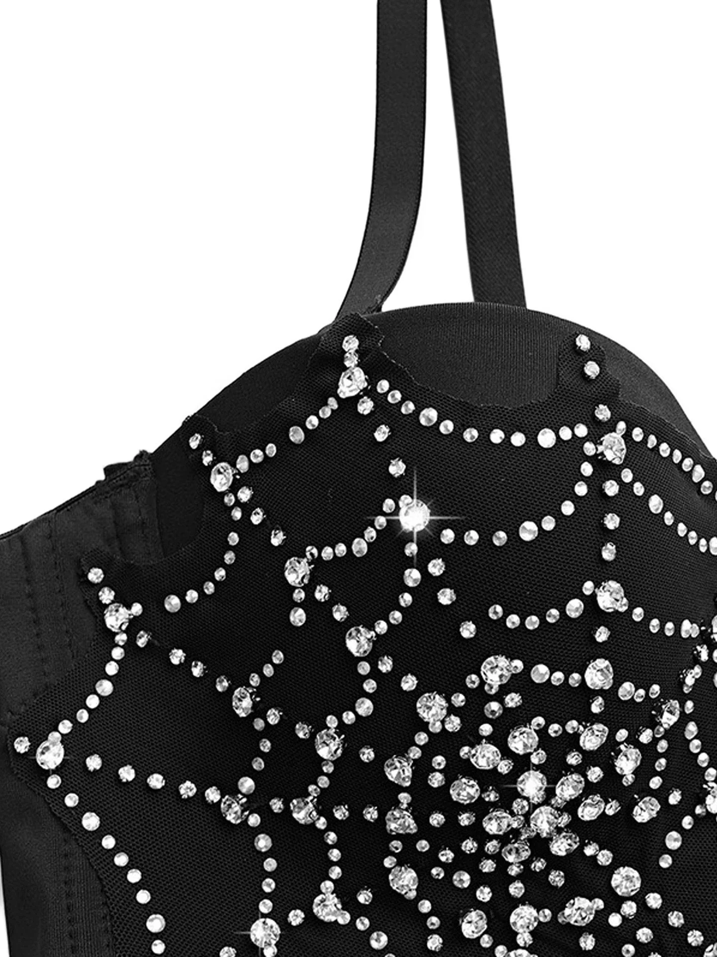 Black 1970s Rhinestone Spider Web Crop Top - Image 3
