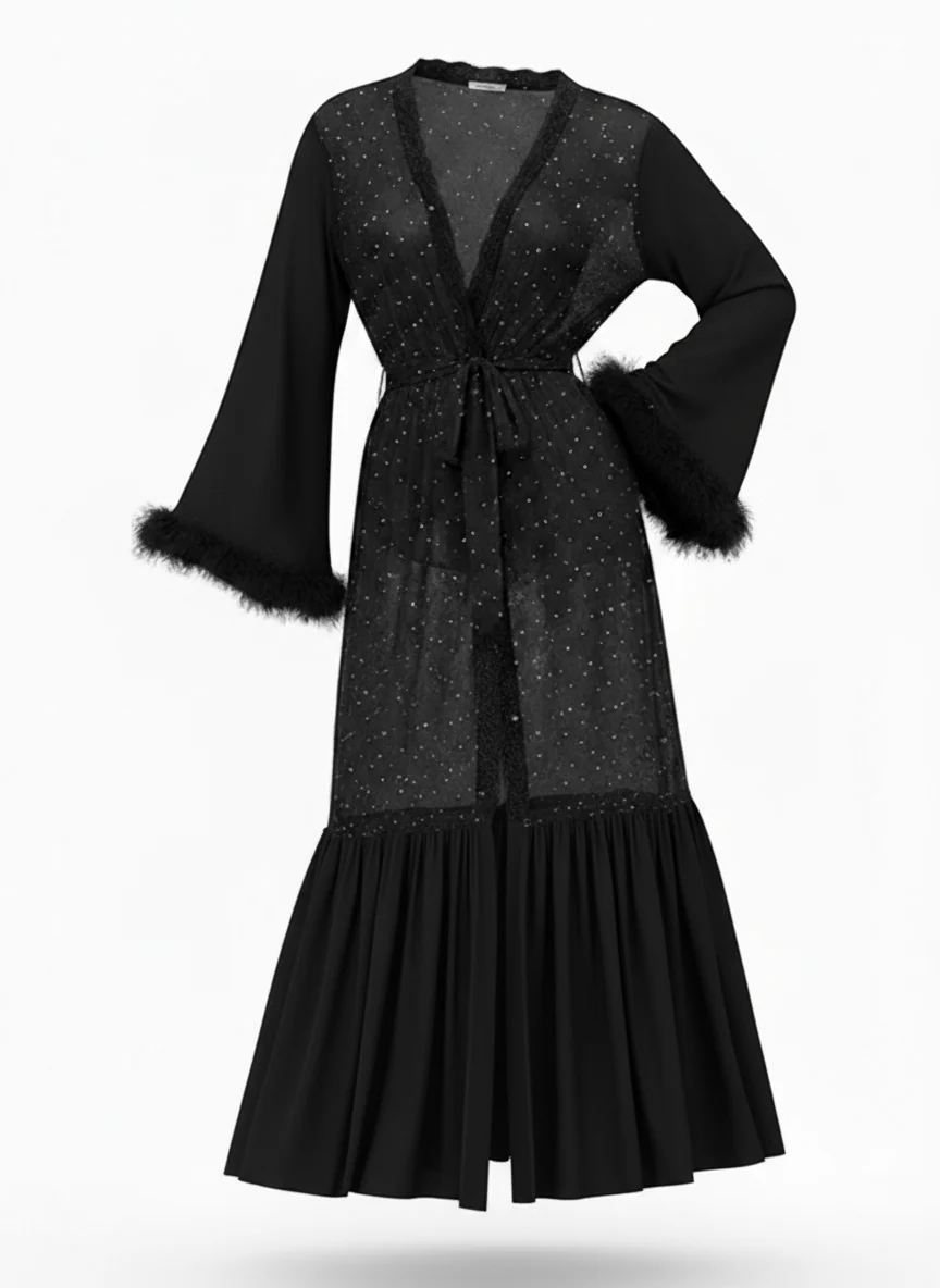 Black 1970s Sheer Glitter Mesh Belted Robes - Image 2
