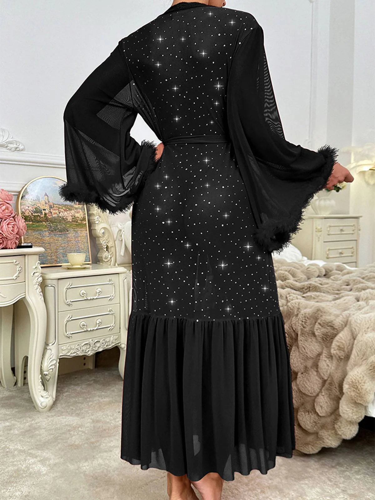 Black 1970s Sheer Glitter Mesh Belted Robes - Image 6