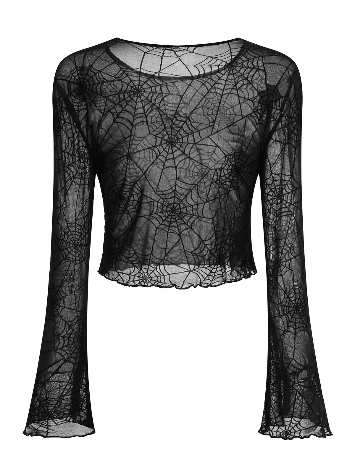 Black 1970s Sheer Spider Web Bishop Sleeve Top - Image 2