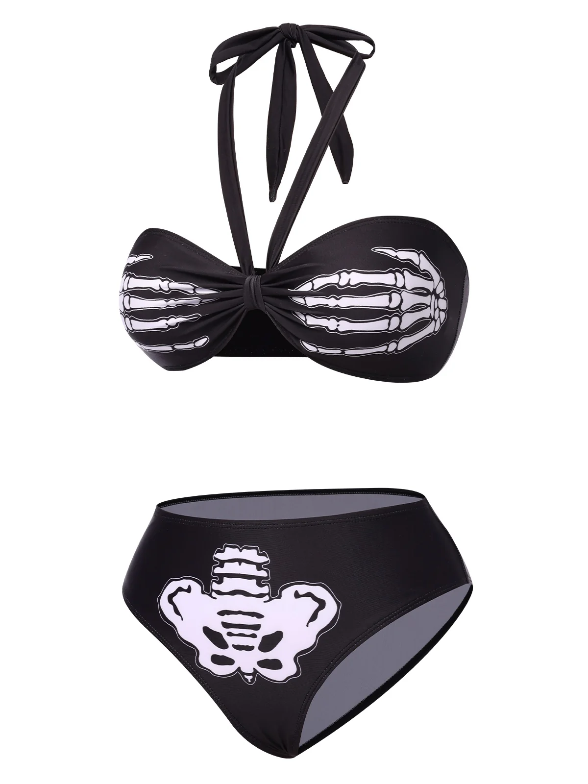 Black 1970s Skeleton Hand Halter Bikini Set - Image 2