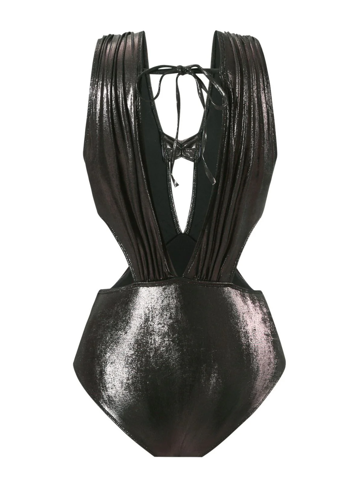 Black 1970s Solid Appliques Strappy Glossy One-Piece Swimsuit - Image 2