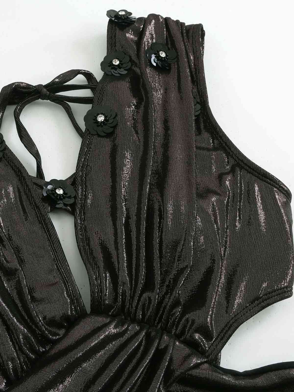 Black 1970s Solid Appliques Strappy Glossy One-Piece Swimsuit - Image 3