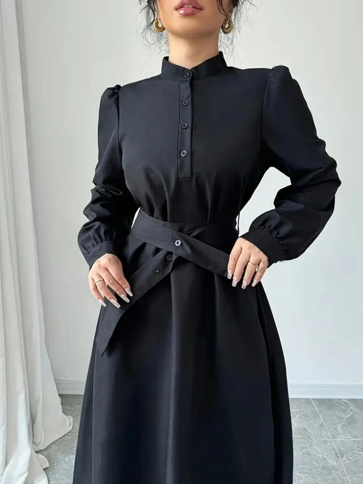 Black 1970s Solid Button Belted Dress - Image 2