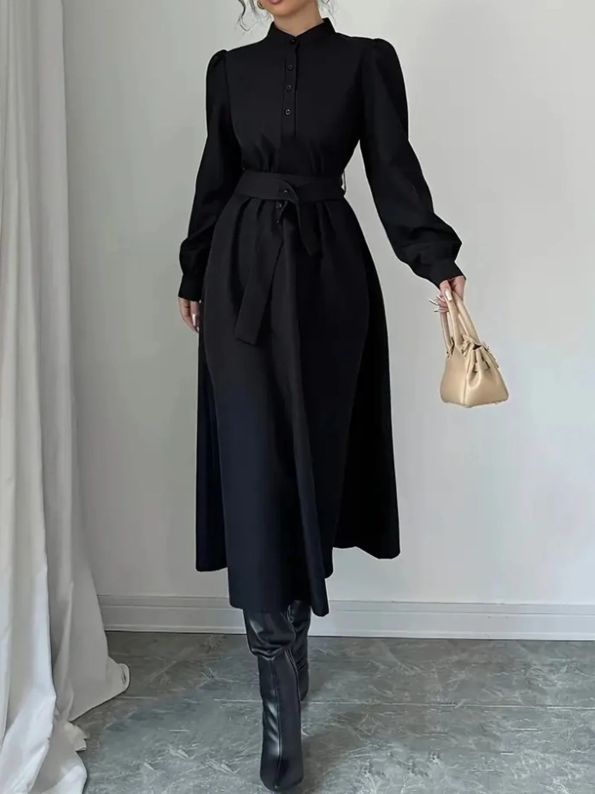 Black 1970s Solid Button Belted Dress - Image 3