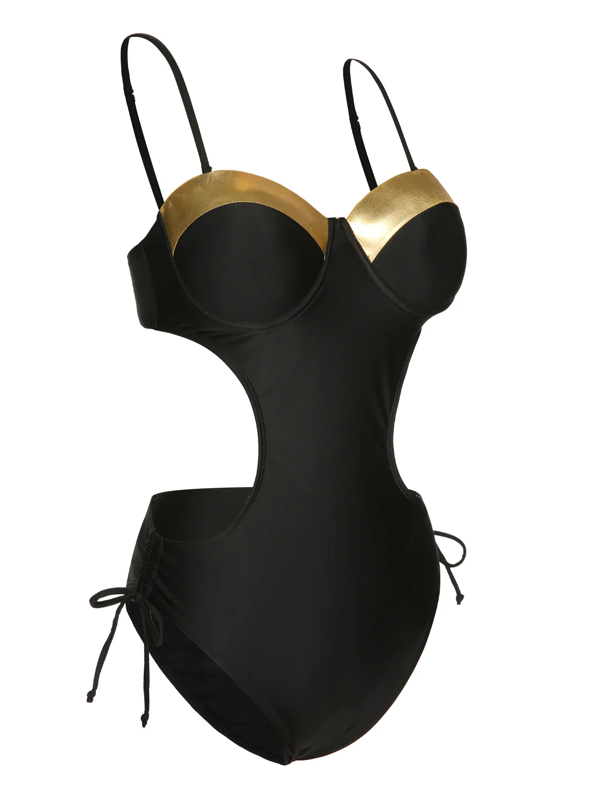 Black 1970s Spaghetti Strap Hollow One-Piece Swimsuit - Image 2
