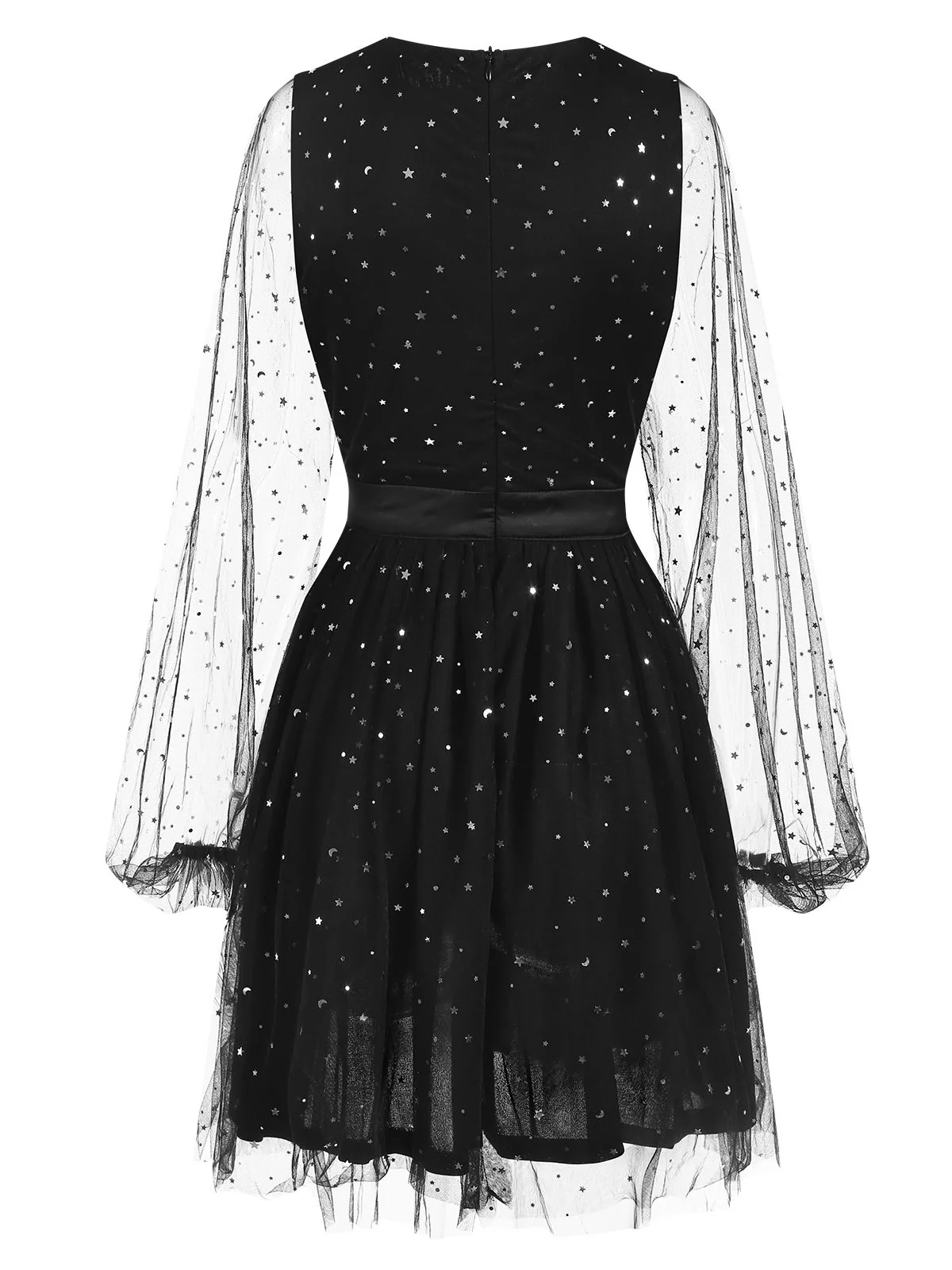 Black 1970s Star Sequins Lantern Sleeve Dress - Image 2