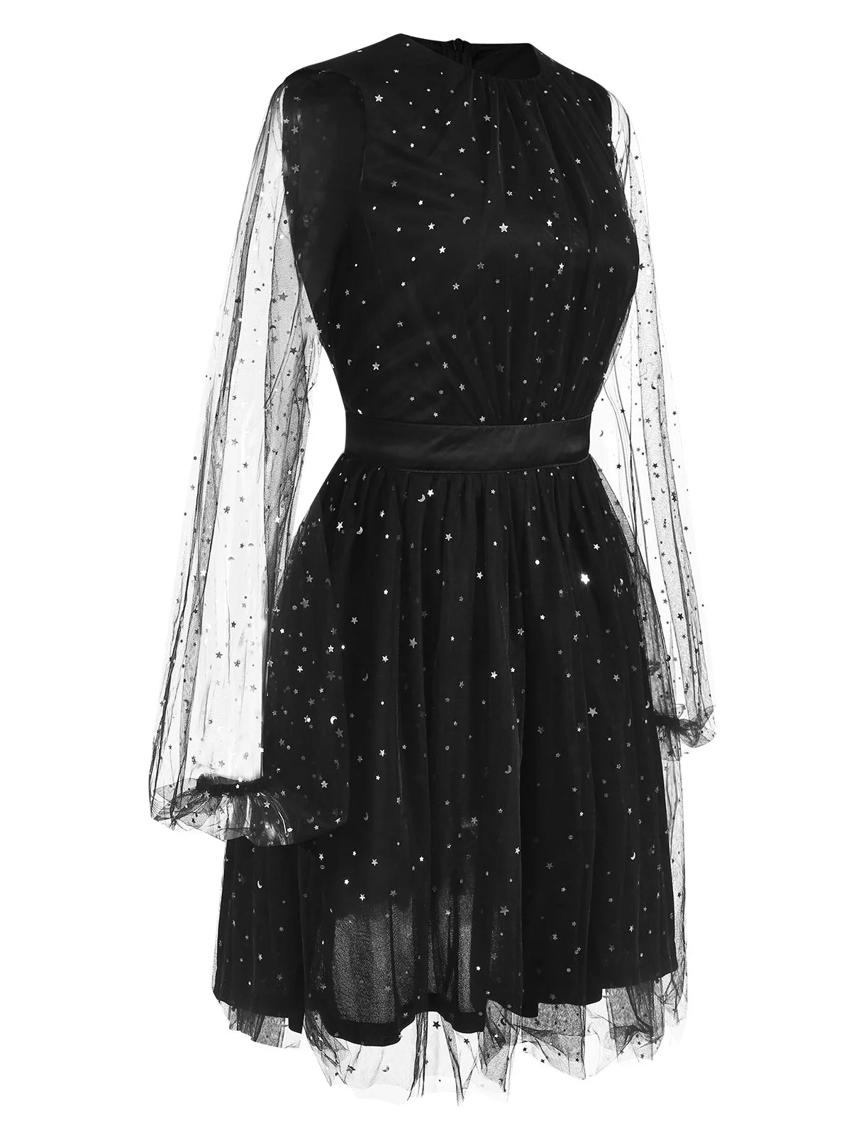 Black 1970s Star Sequins Lantern Sleeve Dress - Image 3