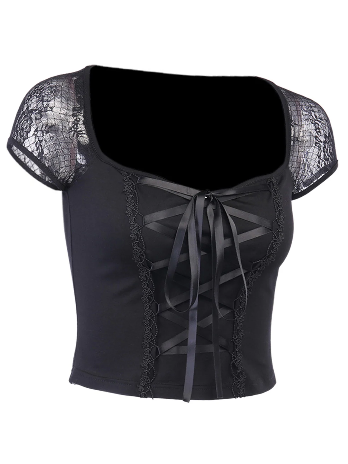 Black 1970s Steampunk Gothic Lace Tie-Front Top - Image 2