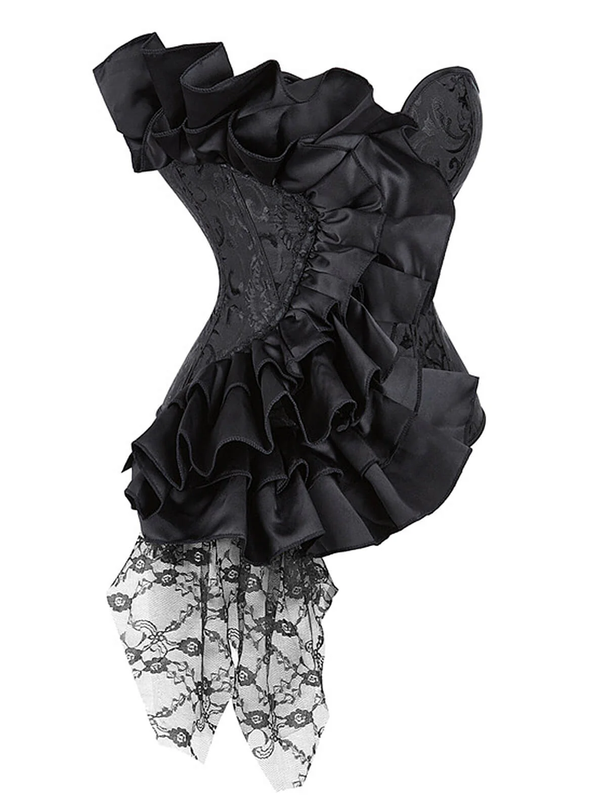 Black 1970s Stempunk Ruffled Lace Patchwork Corset - Image 2