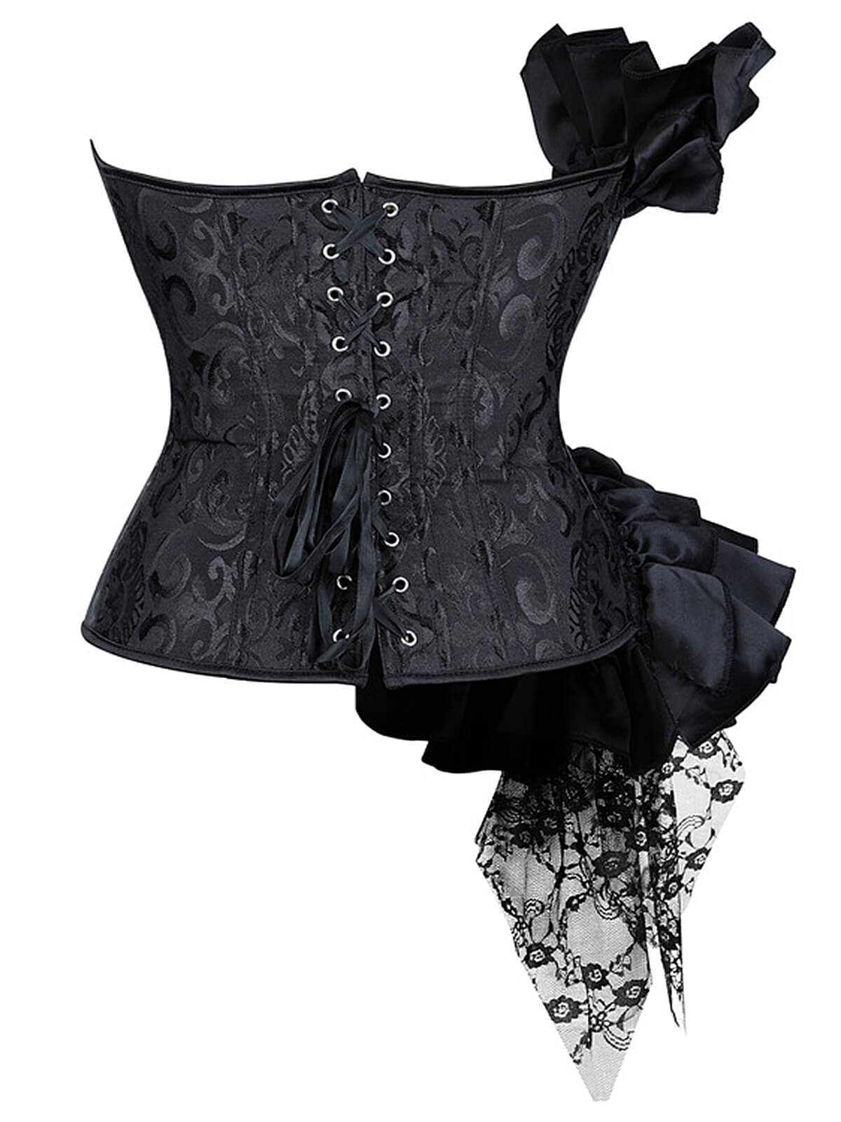 Black 1970s Stempunk Ruffled Lace Patchwork Corset - Image 3