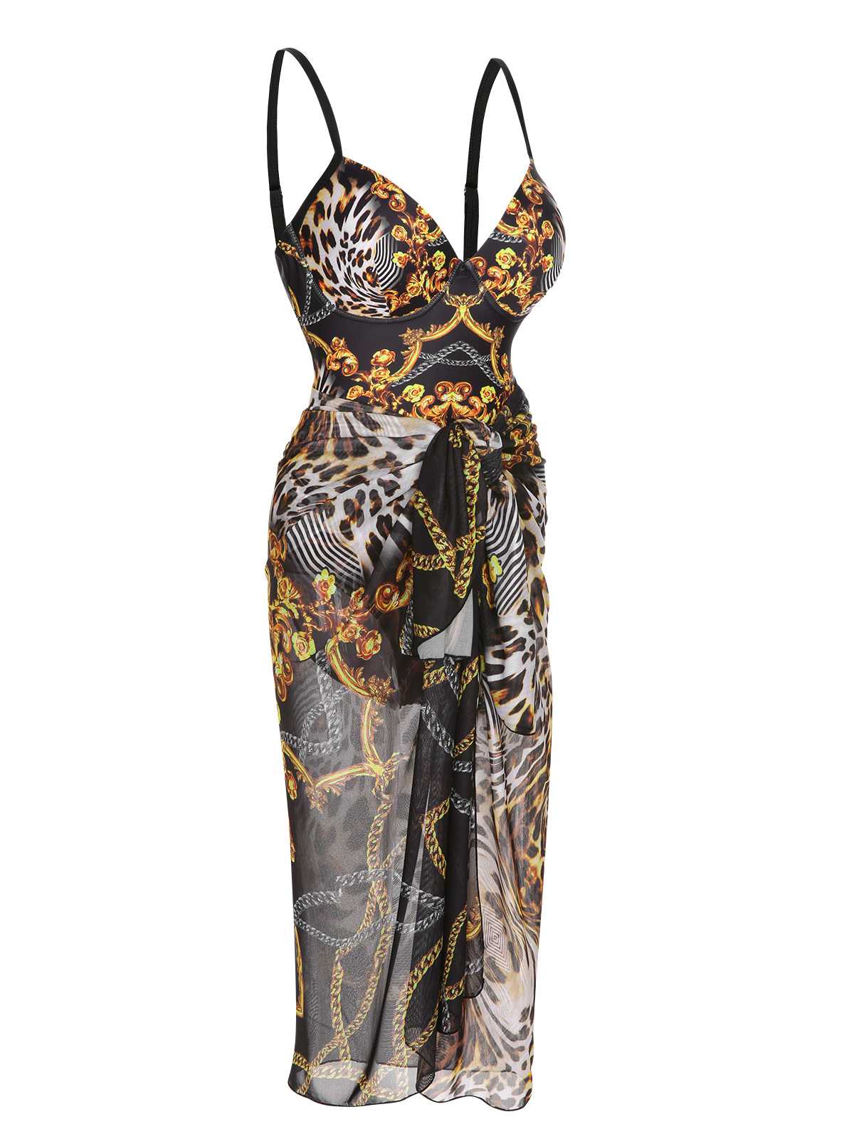 Black 1970s Strap Print One-Piece Swimsuit & Cover-Up - Image 2