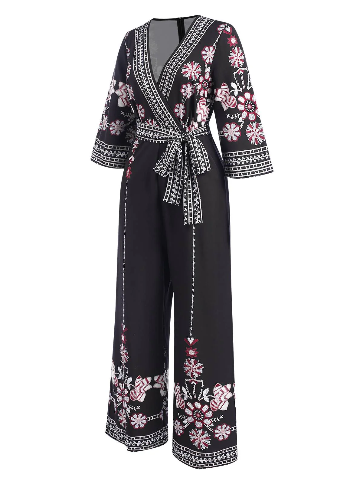 Black 1970s Surplice V-Neck Floral Jumpsuit - Image 2