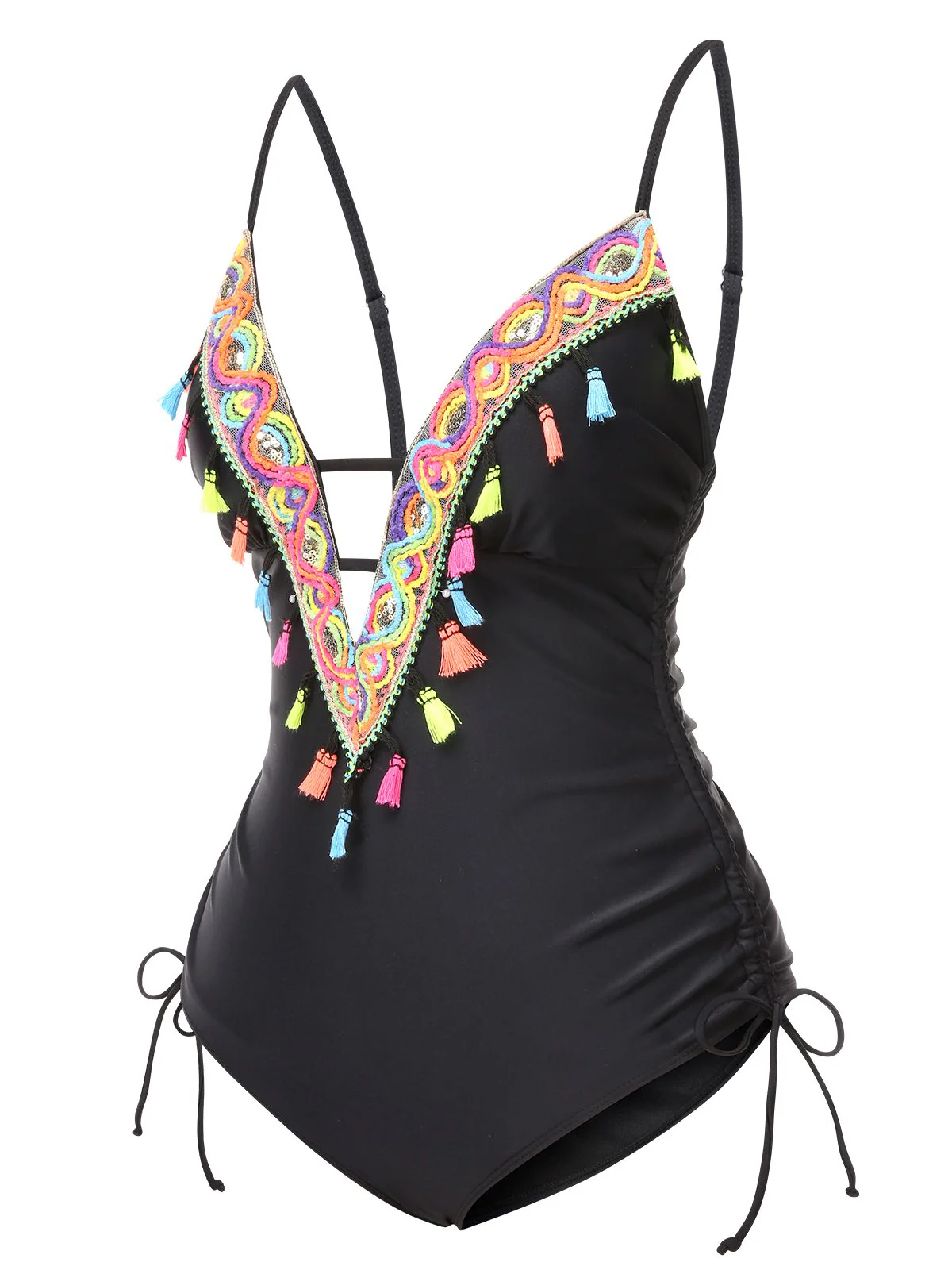 Black 1970s Tassel Embroidered Strappy Swimsuit - Image 2