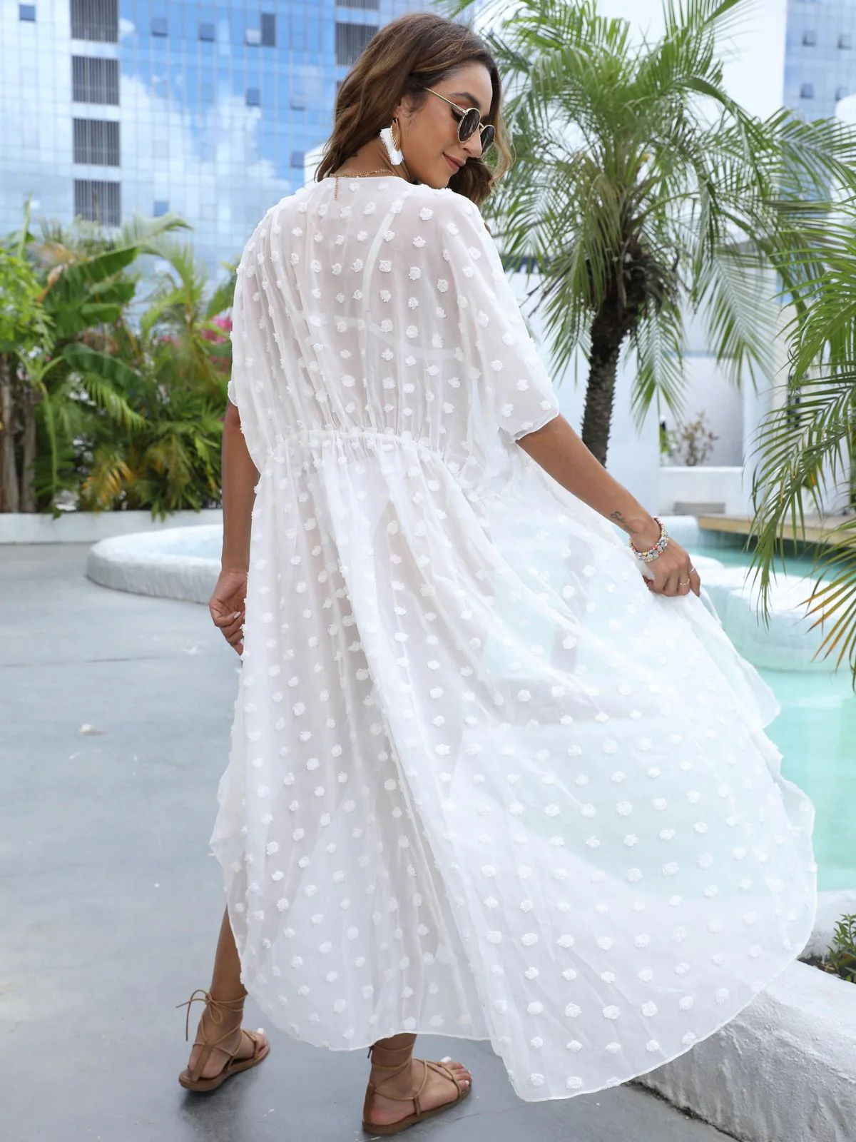 1970s Tie Sheer Polka Dot Maxi Cover-Up Dress - Image 5