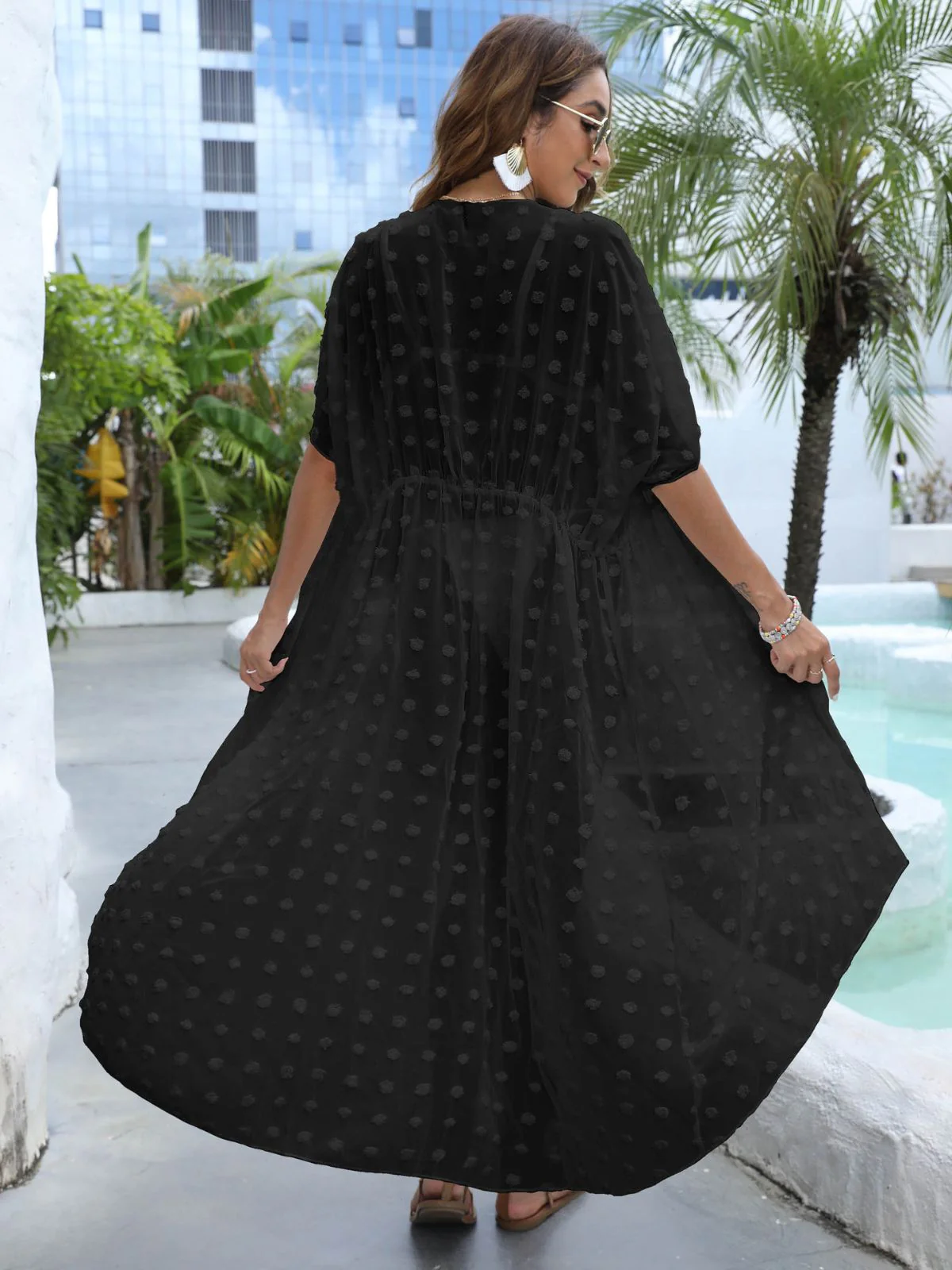 1970s Tie Sheer Polka Dot Maxi Cover-Up Dress - Image 9