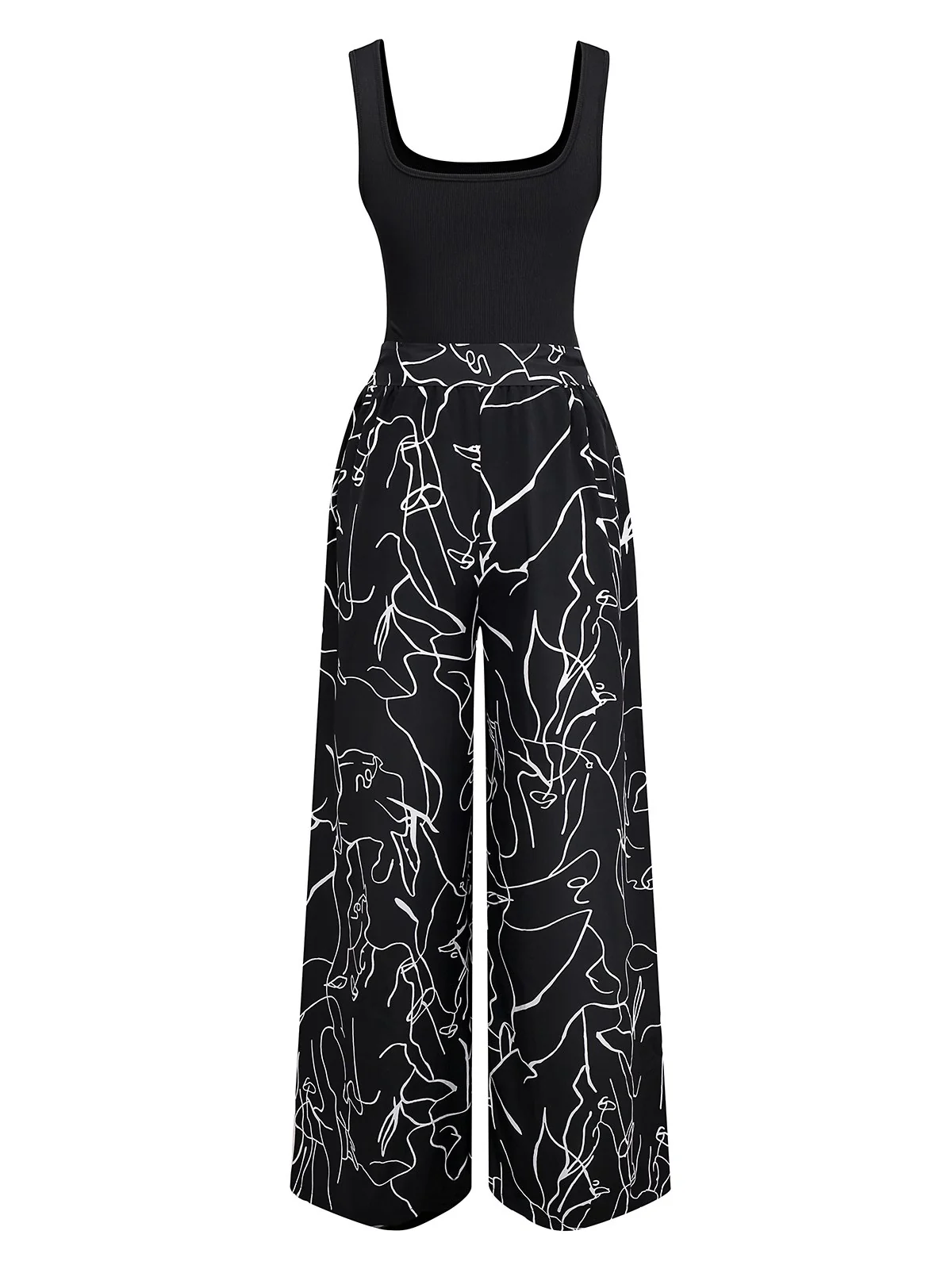 Black 1970s U-Neck Tank Top & Abstract Prints Pants - Image 2
