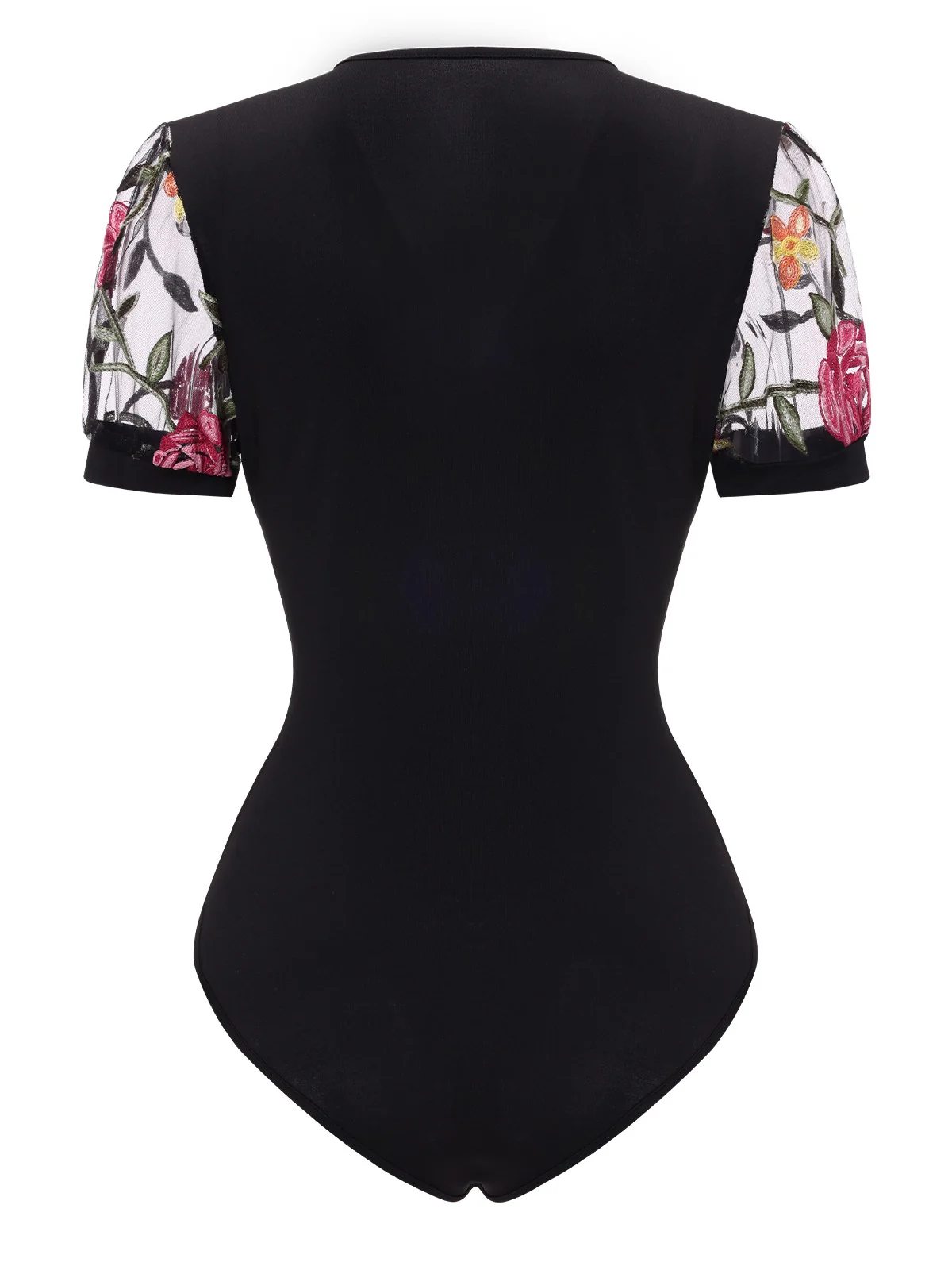 Black 1970s V-Neck Embroidered Floral Bodysuit - Image 2