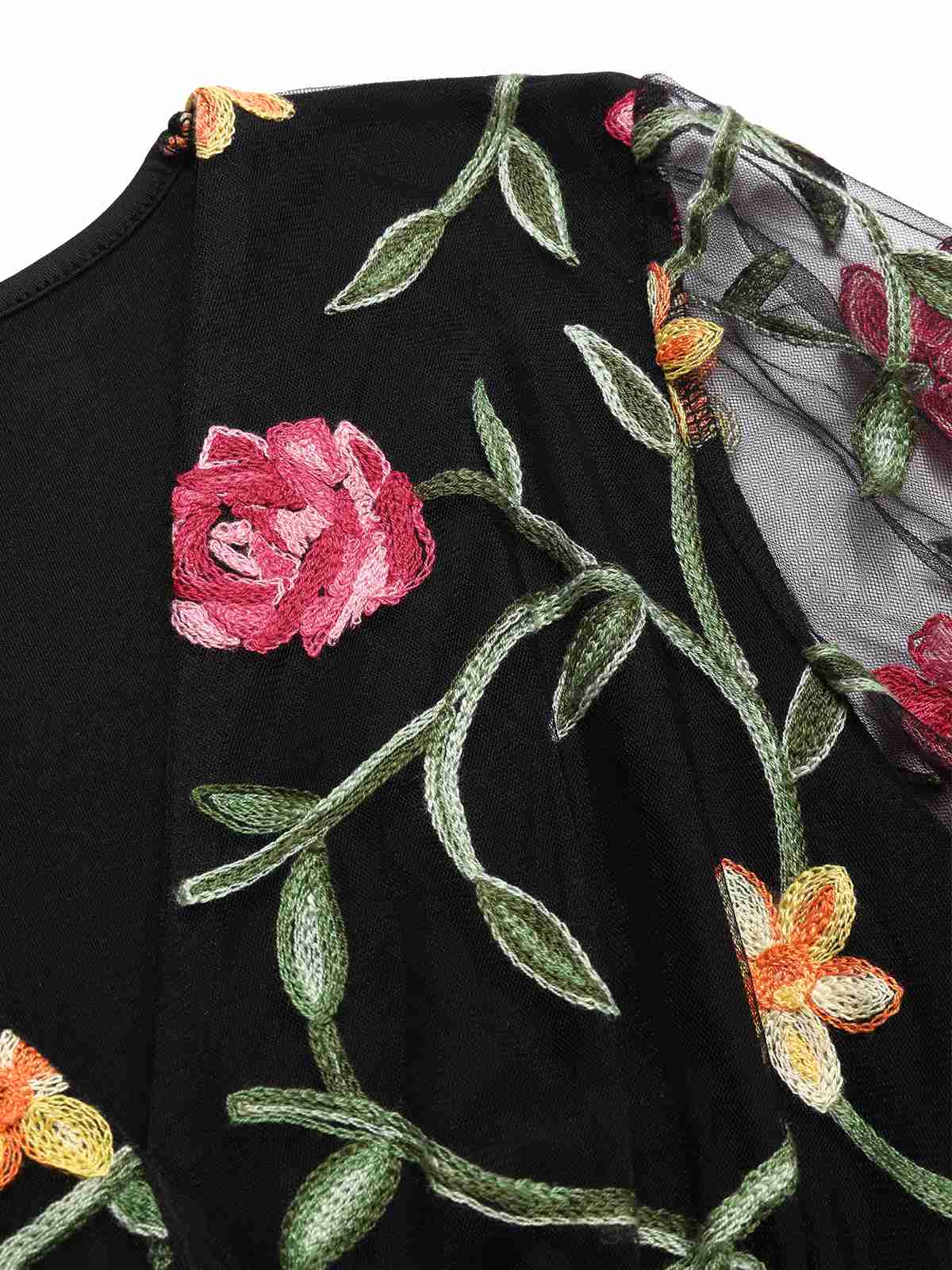 Black 1970s V-Neck Embroidered Floral Bodysuit - Image 3