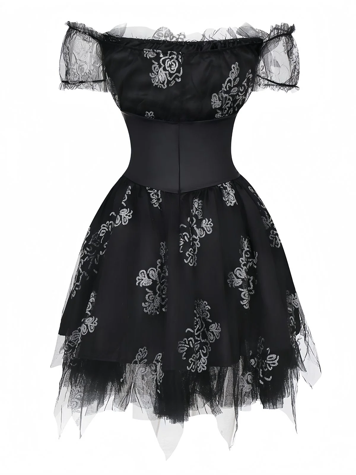 Black 1970s Vampire Bride Off-Shoulder Mesh Dress - Image 2
