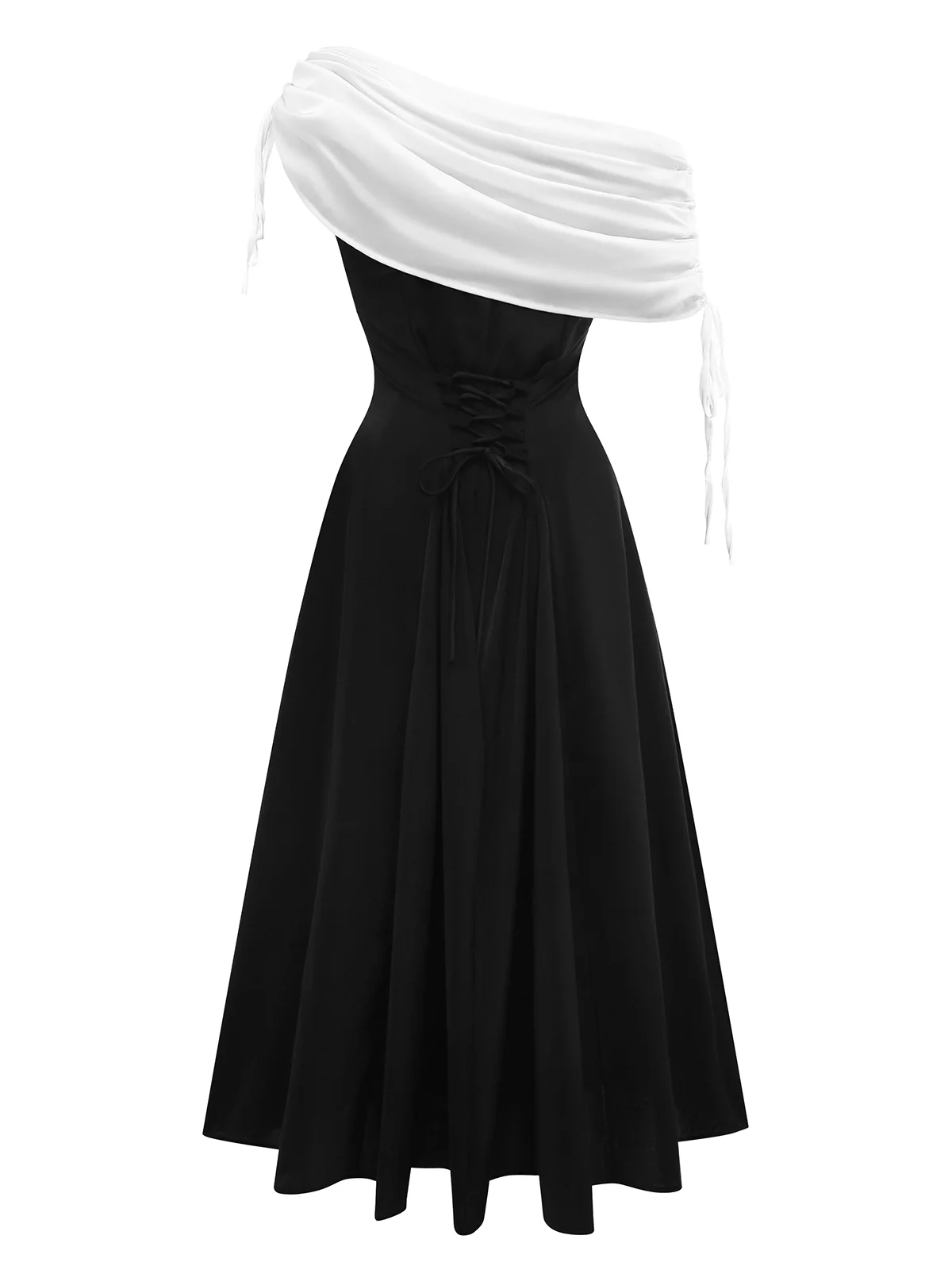 Black 1980s Contrast Off-Shoulder Dress - Image 3