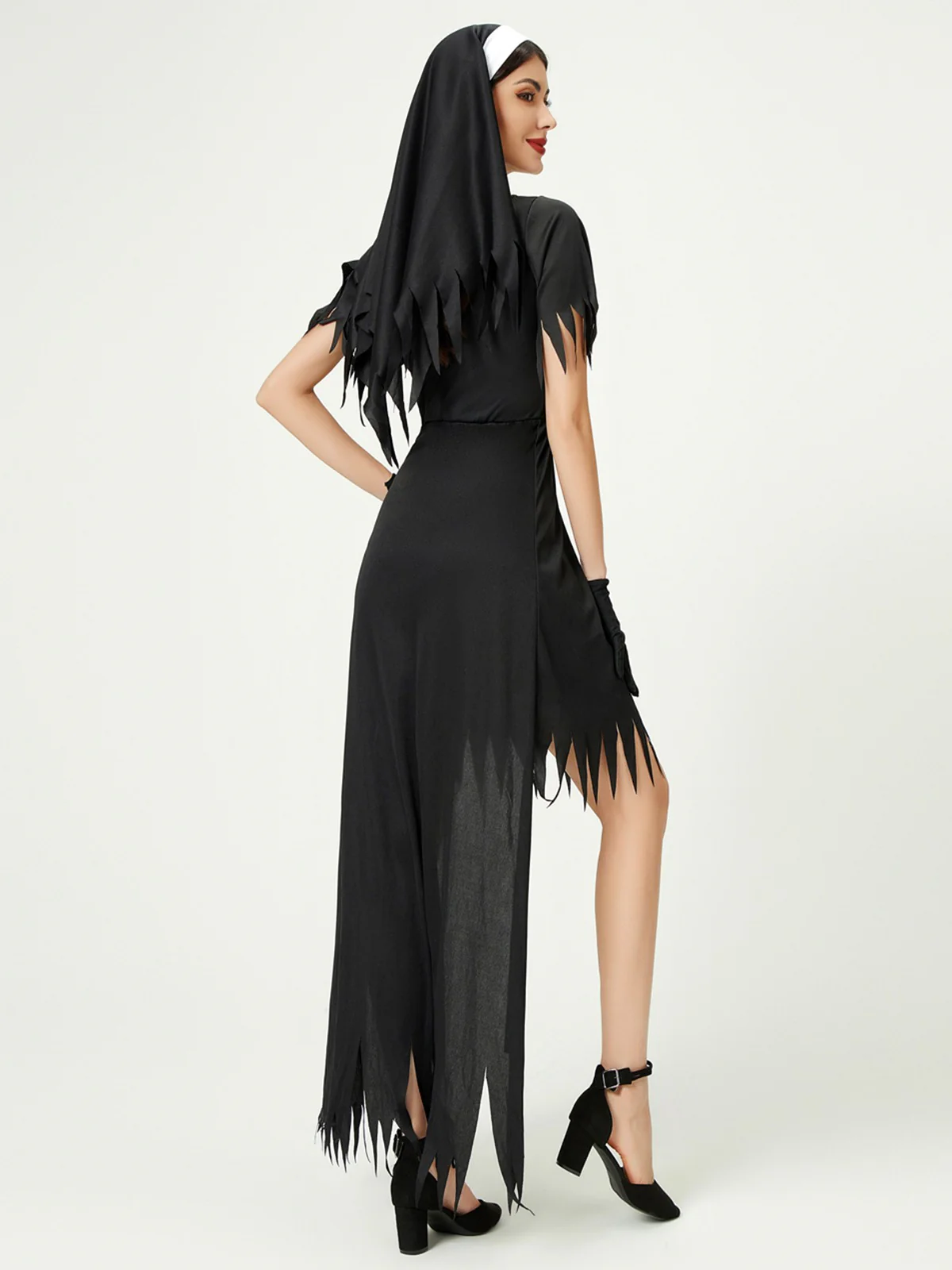 Black 1980s Cross Patchwork Dress & Nun Veil & Gloves - Image 2