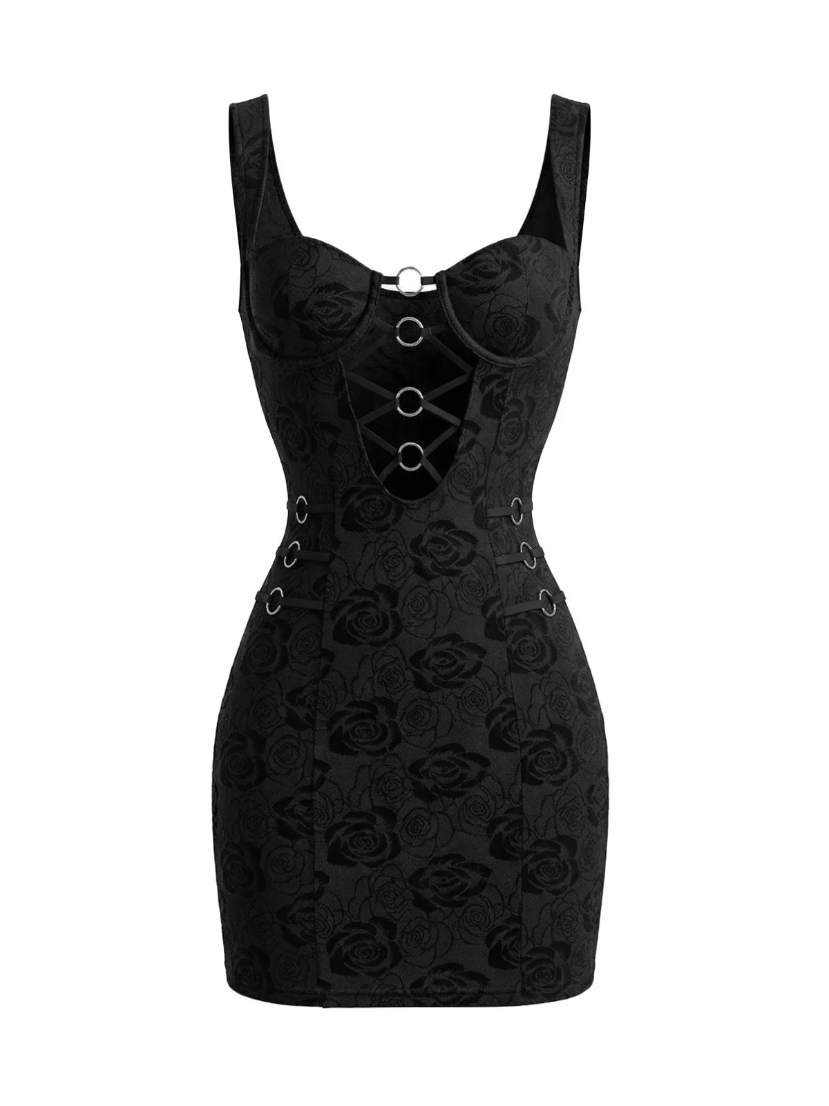 Black 1980s Cut-Out Metal Ring Bodycon Dress - Image 2