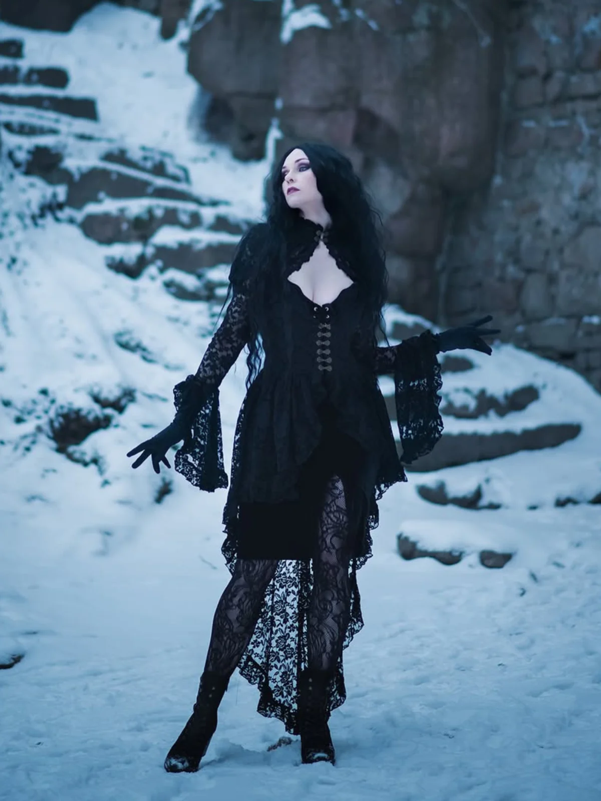 Black 1980s Gigot Sleeve Victorian Lace Dress - Image 5