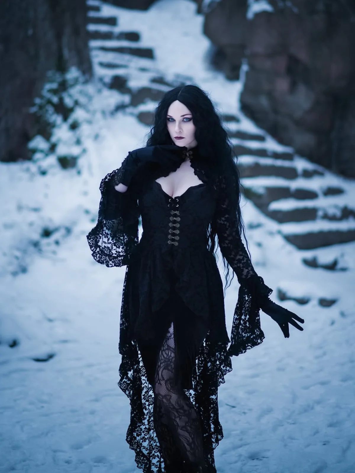 Black 1980s Gigot Sleeve Victorian Lace Dress - Image 6