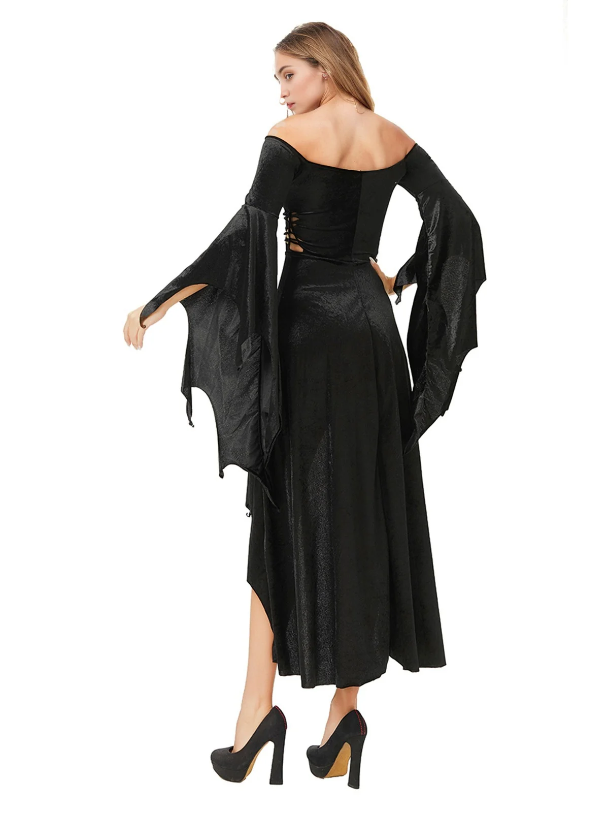 Black 1980s Gothic Hollow Out Flare Sleeves Dress - Image 2