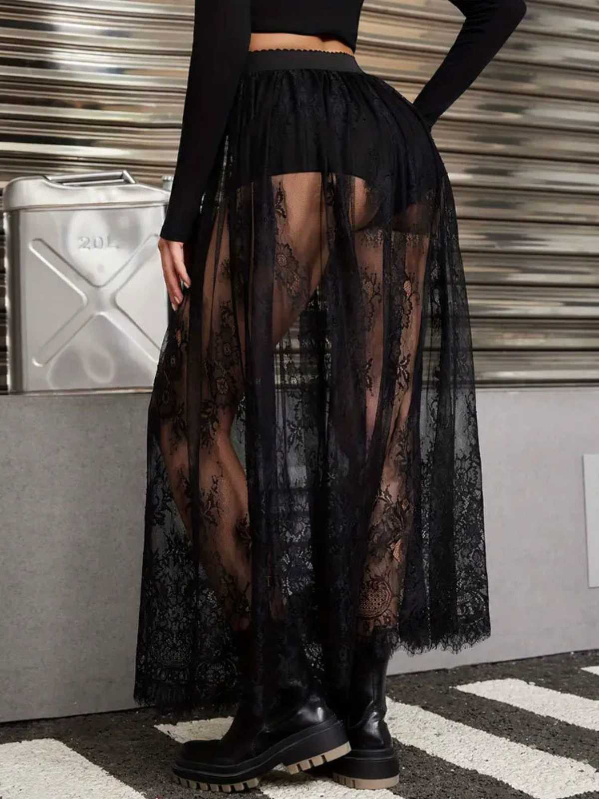 Black 1980s Gothic Sheer Lace Skirt - Image 3