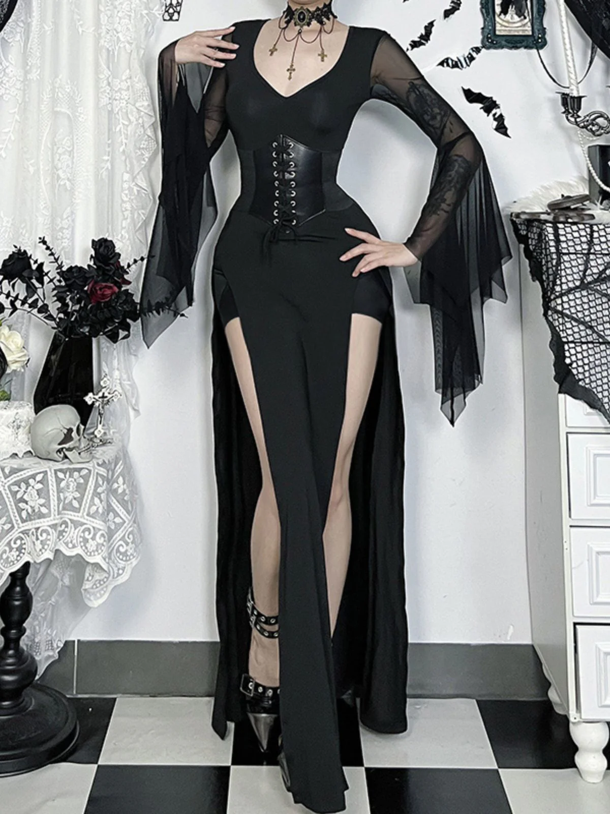 Black 1980s Gothic Sheer Sleeve Corset Slit Dress - Image 3