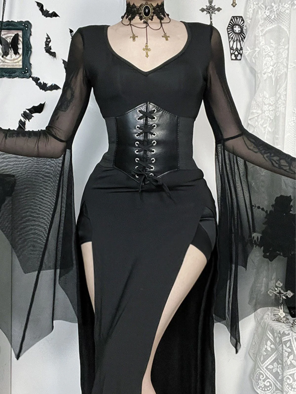 Black 1980s Gothic Sheer Sleeve Corset Slit Dress - Image 6