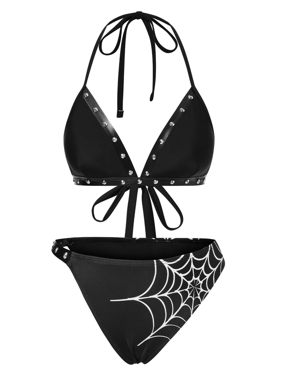 Black 1980s Gothic Spider Web Rivets Bikini Set - Image 2