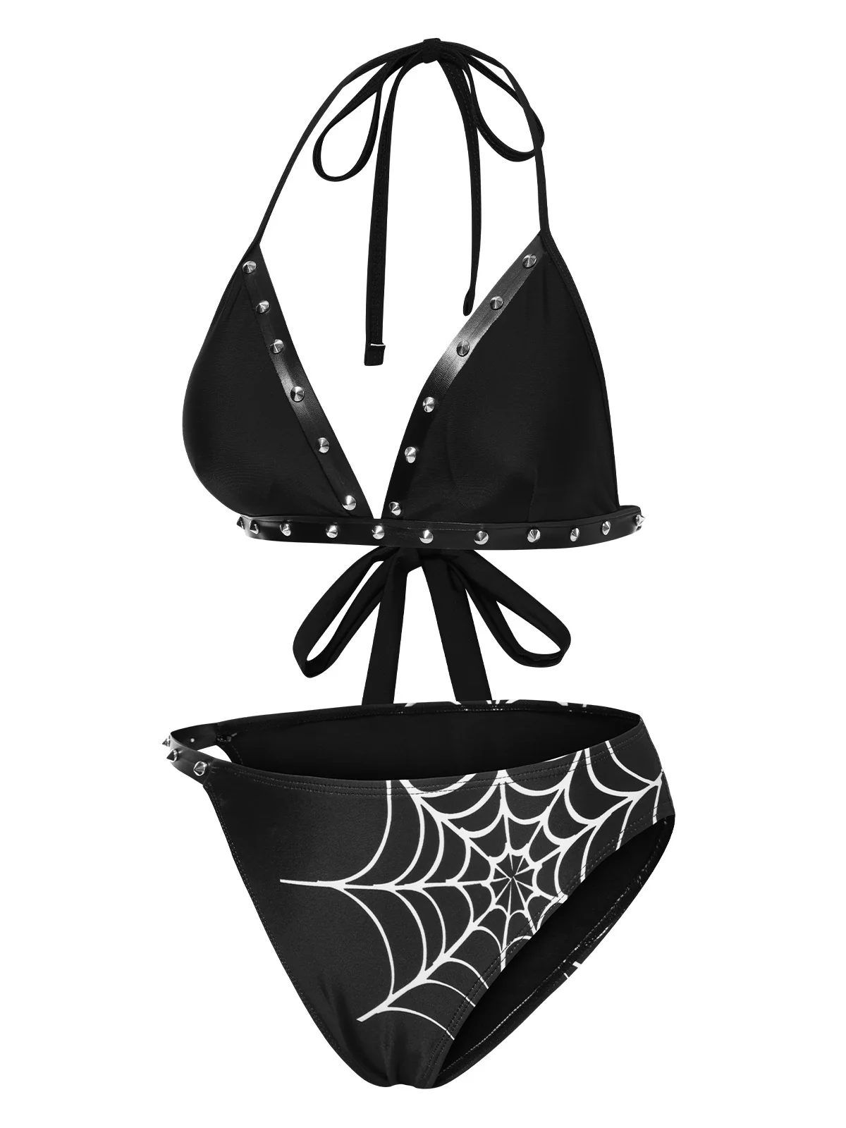 Black 1980s Gothic Spider Web Rivets Bikini Set - Image 3