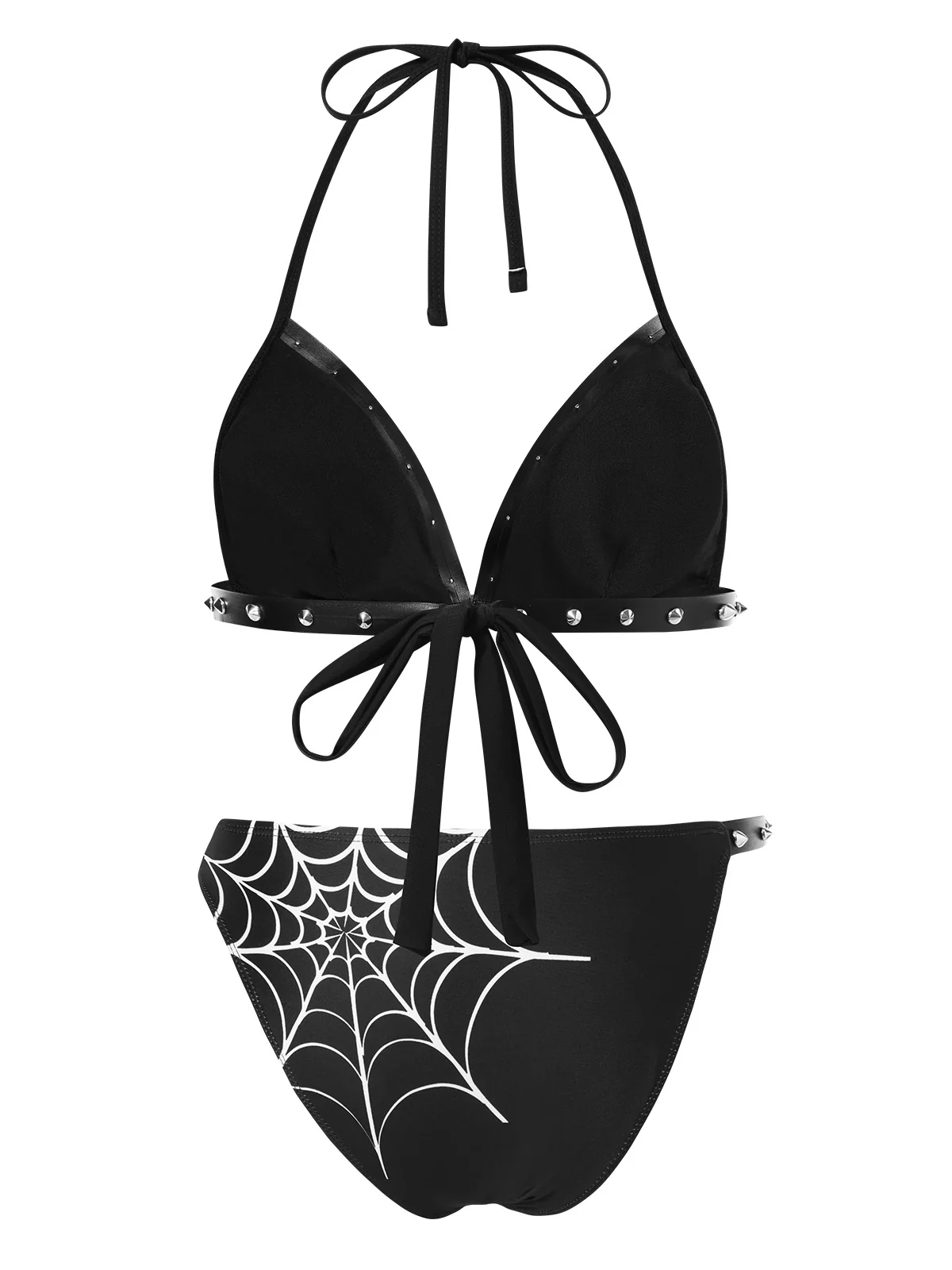 Black 1980s Gothic Spider Web Rivets Bikini Set - Image 4