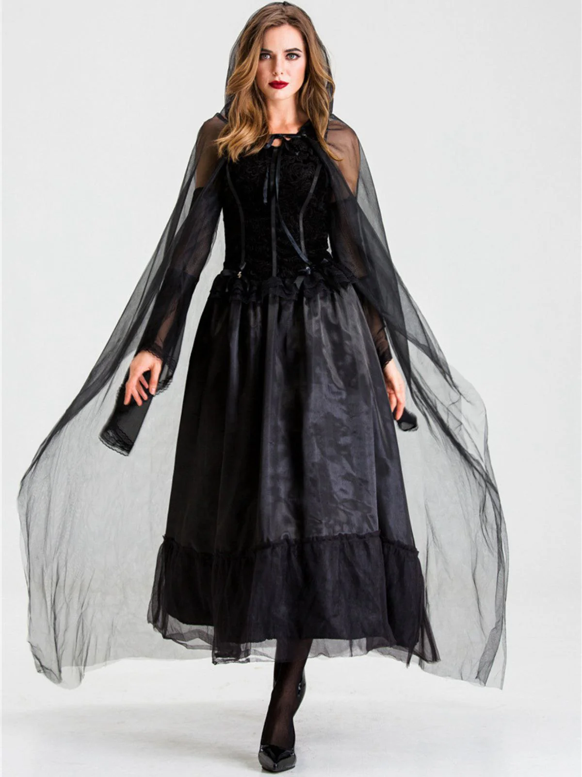 Black 1980s Halloween Mesh Patchwork Dress With Cape - Image 2