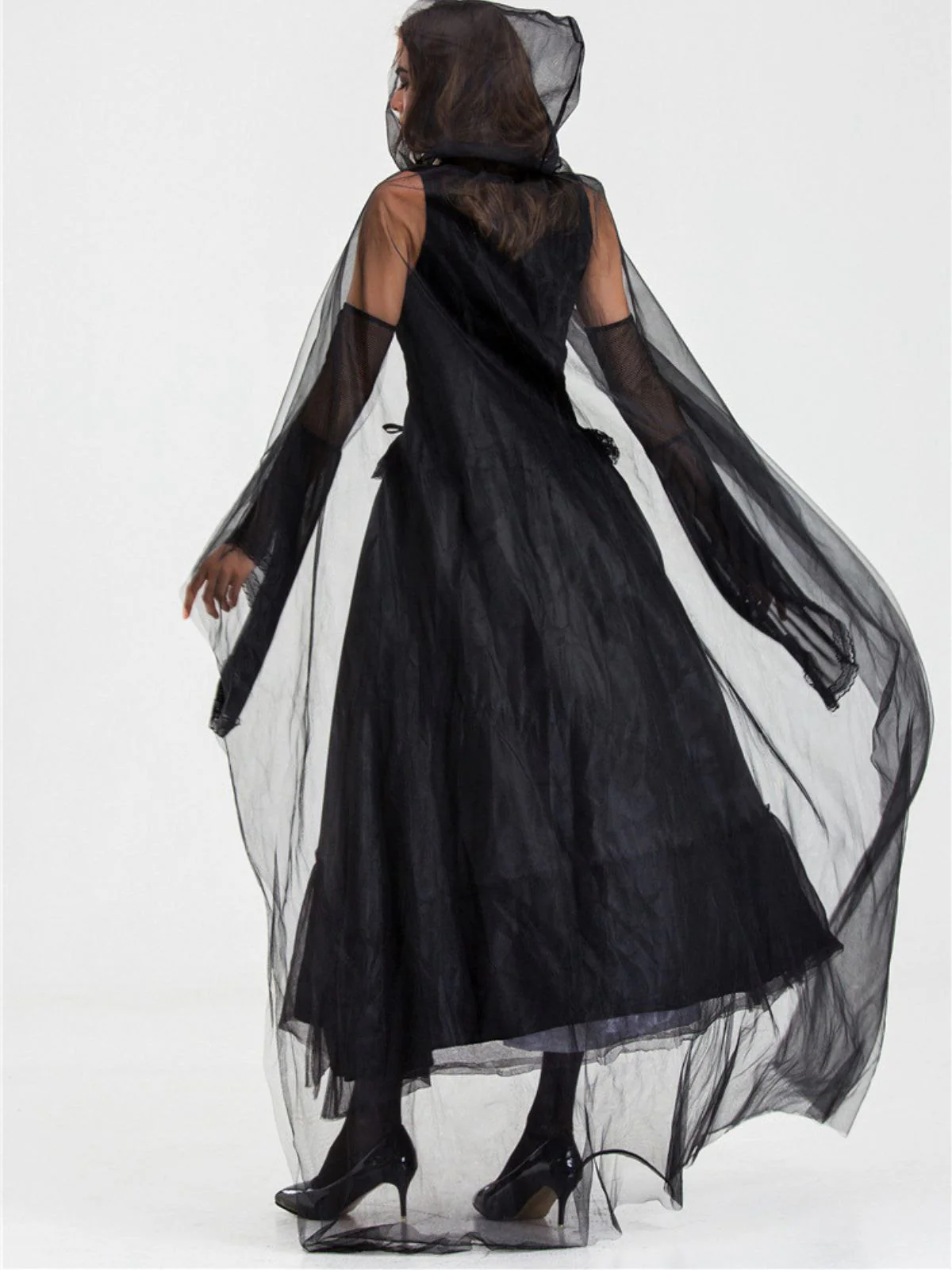 Black 1980s Halloween Mesh Patchwork Dress With Cape - Image 3