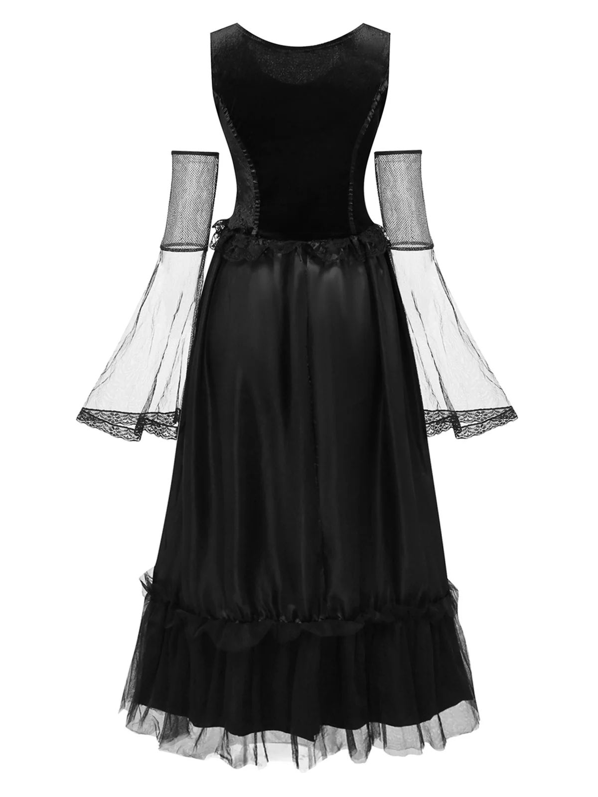 Black 1980s Halloween Mesh Patchwork Dress With Cape - Image 4