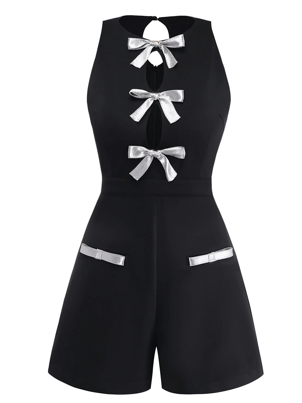 [Pre-Sale] Black 1980s Halter Sleeveless Bow Hollow Romper - Image 2