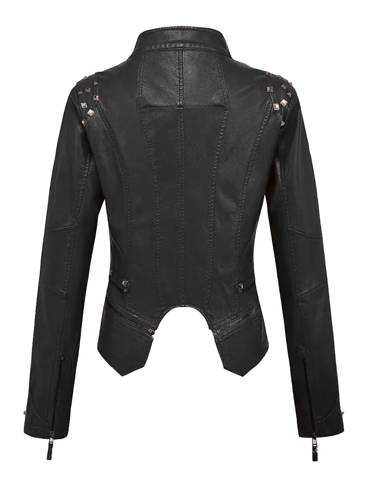 Black 1980s Irregualr Hem Rivet Motocycle Jacket - Image 2