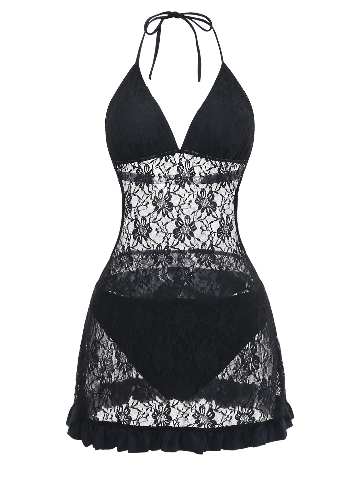 Black 1980s Lace Halter Ruffle One-Piece Swimsuit - Image 2