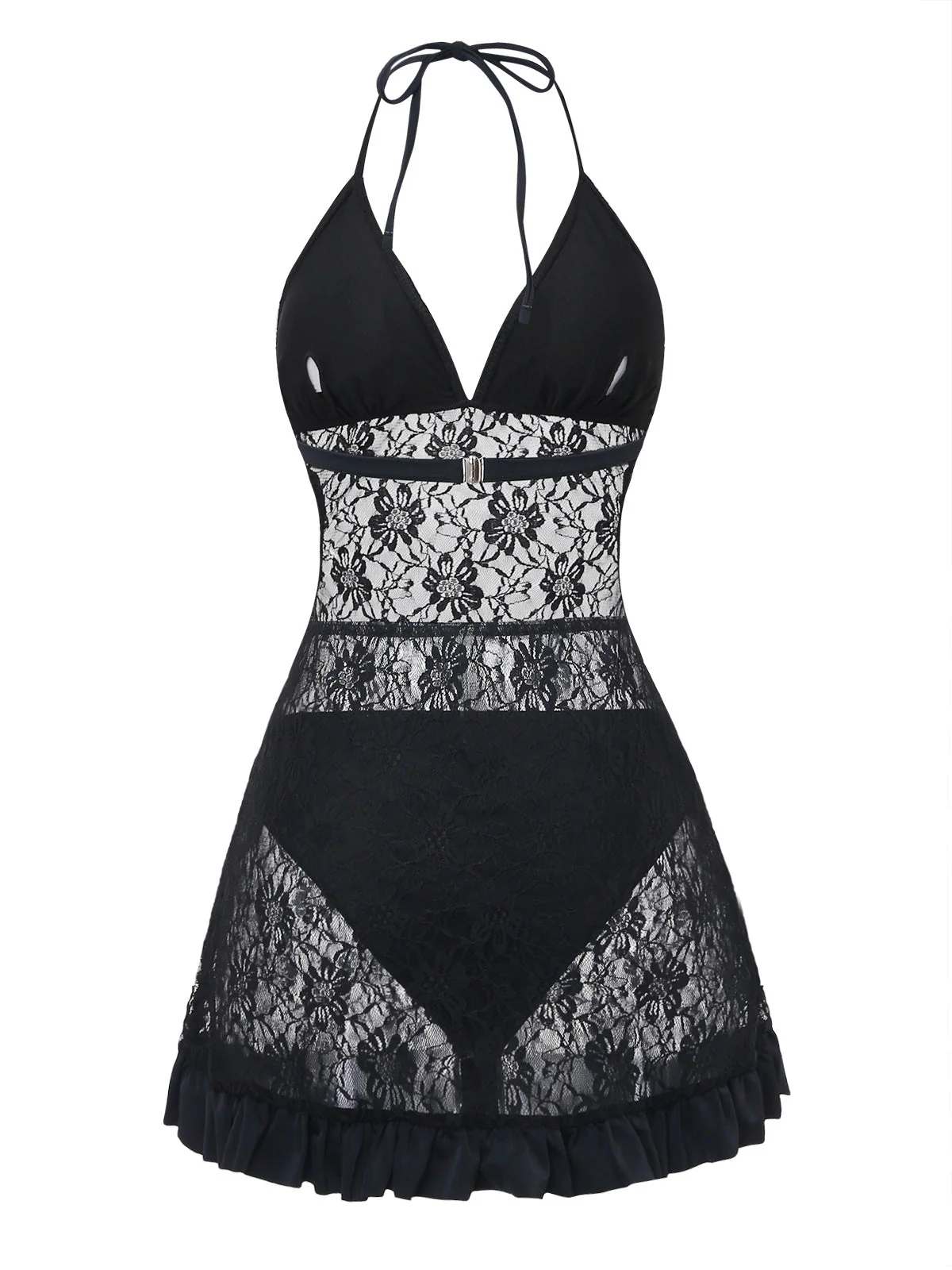 Black 1980s Lace Halter Ruffle One-Piece Swimsuit - Image 3