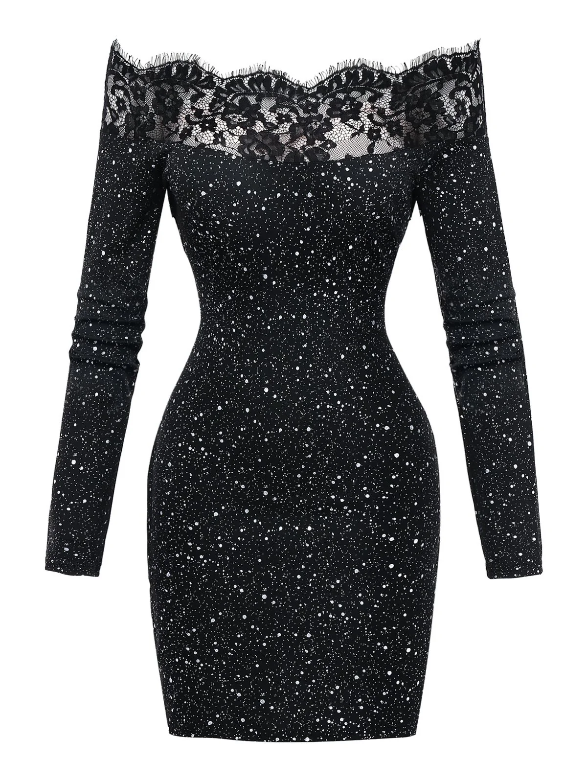 Black 1980s Lace Off-Shoulder Metallic Silver Splash Bodycon Dress - Image 2