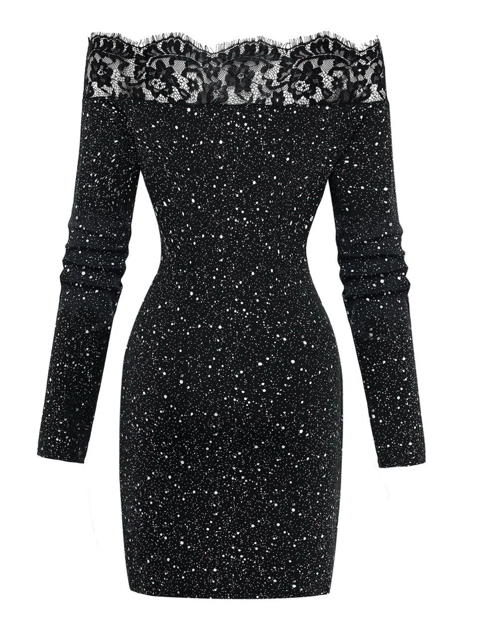 Black 1980s Lace Off-Shoulder Metallic Silver Splash Bodycon Dress - Image 3