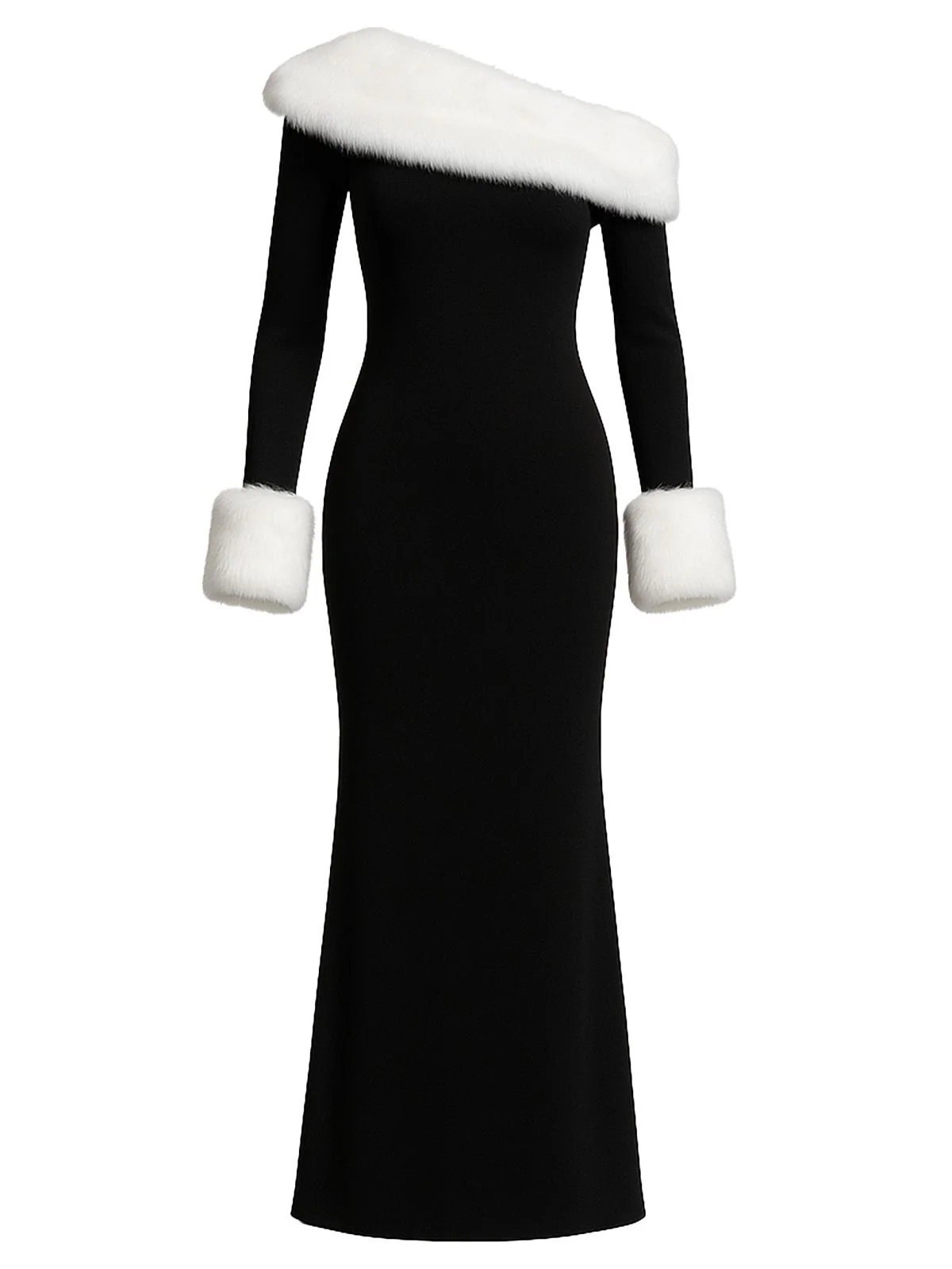 Black 1980s Off-Shoulder Fur Trim Dress - Image 2